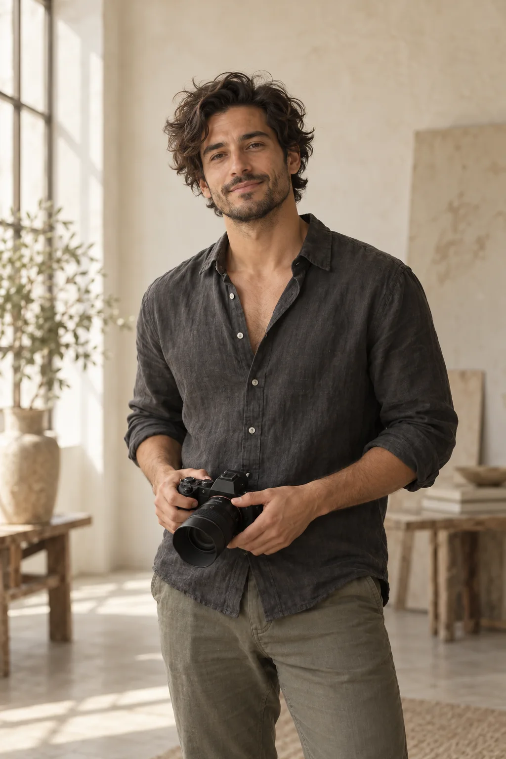 Original generated editorial portrait of Ari, the fictional photographer, holding an unbranded camera
