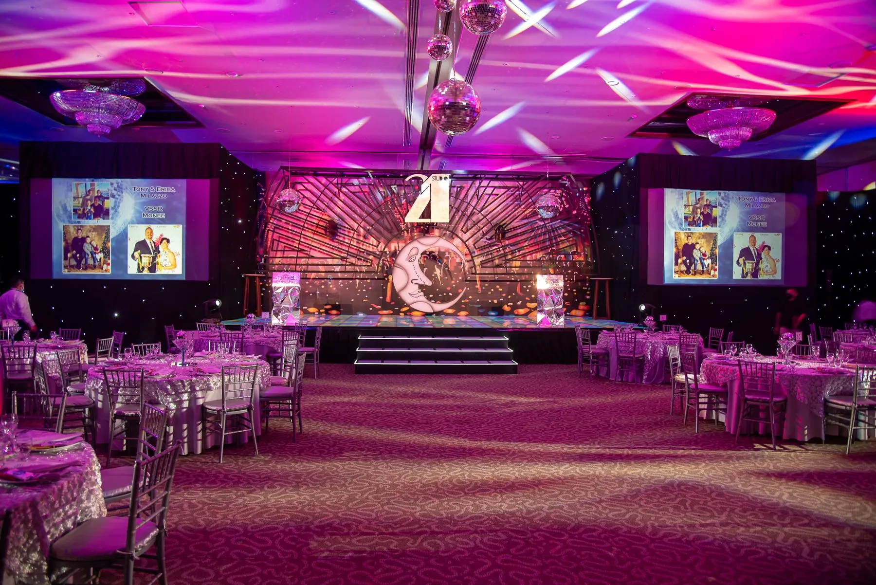 Large corporate gala hall with themed lighting