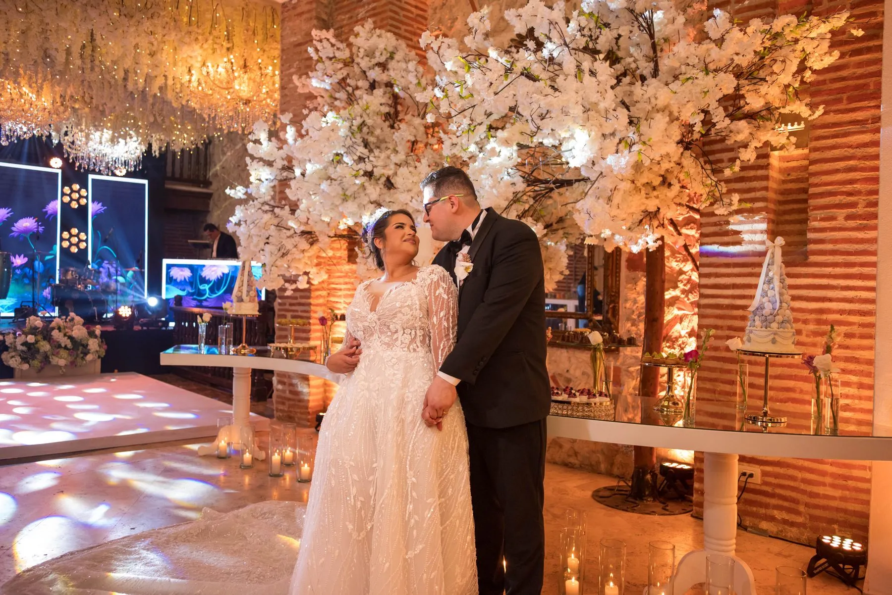 Newlyweds at an elegant floral reception