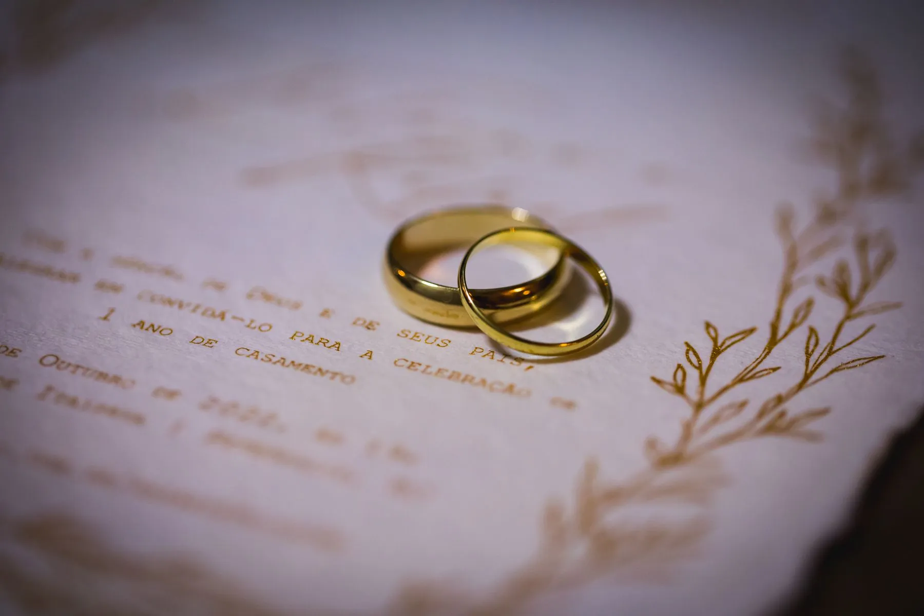 Gold wedding rings resting on an invitation